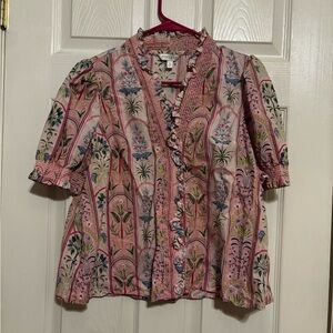 Crown & Ivy Pink Floral Blouse with Ruffle Trim